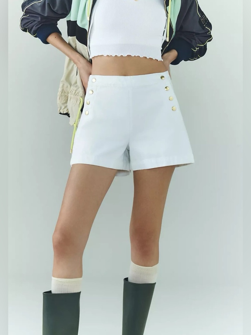 FRAME White The Sailor Snap High-Rise DenimShorts